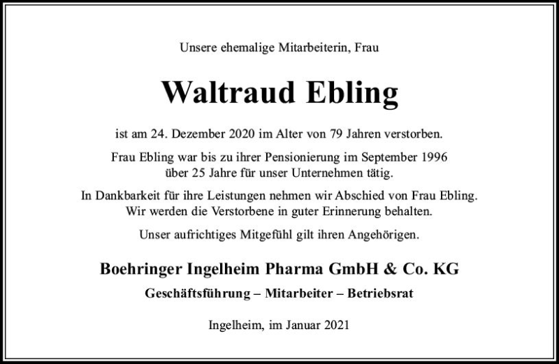  Traueranzeige für Waltraud Ebling vom 14.01.2021 aus vrm-trauer