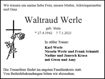 Traueranzeige von Waltraud Werle von vrm-trauer