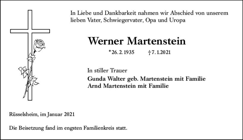  Traueranzeige für Werner Martenstein vom 23.01.2021 aus vrm-trauer