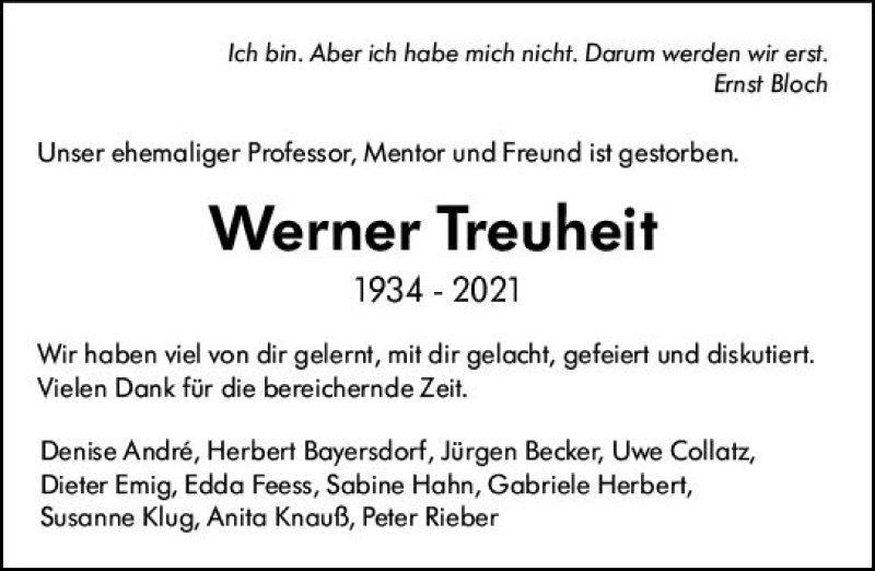  Traueranzeige für Werner Treuheit vom 16.01.2021 aus vrm-trauer