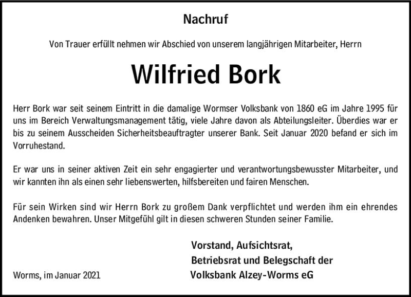  Traueranzeige für Wilfried Bork vom 29.01.2021 aus vrm-trauer