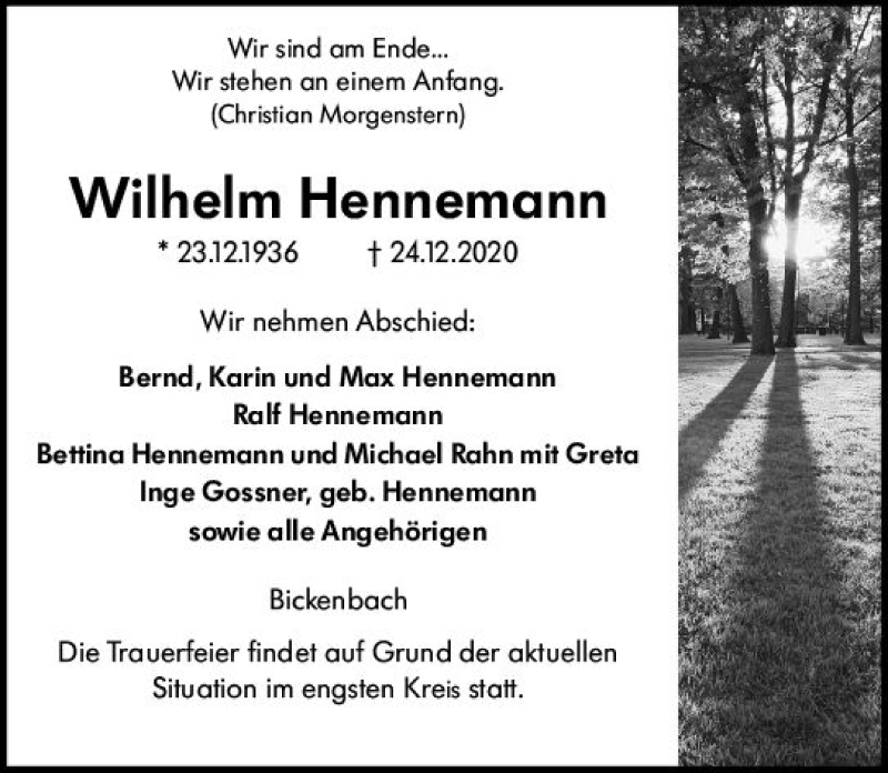  Traueranzeige für Wilhelm Hennemann vom 06.01.2021 aus vrm-trauer