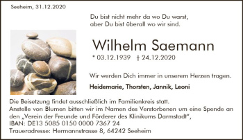Traueranzeige von Wilhelm Saemann von vrm-trauer