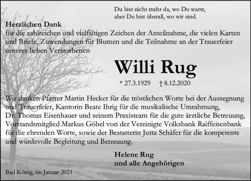 Traueranzeige für Willi Rug vom 16.01.2021 aus vrm-trauer