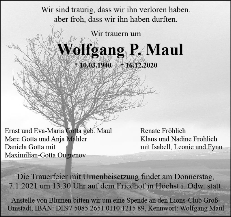  Traueranzeige für Wolfgang P. Maul vom 02.01.2021 aus vrm-trauer
