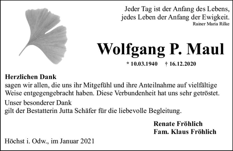  Traueranzeige für Wolfgang P. Maul vom 23.01.2021 aus vrm-trauer