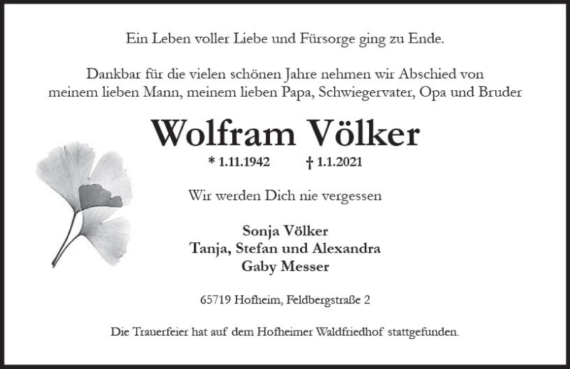  Traueranzeige für Wolfram Völker vom 22.01.2021 aus vrm-trauer