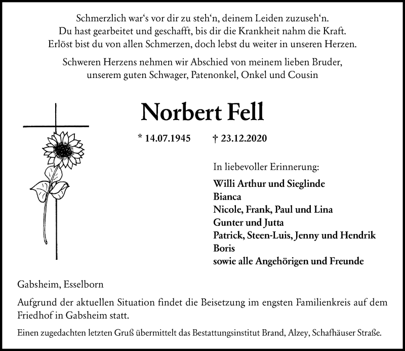  Traueranzeige für Norbert Fell vom 28.12.2020 aus VRM Tageszeitungen