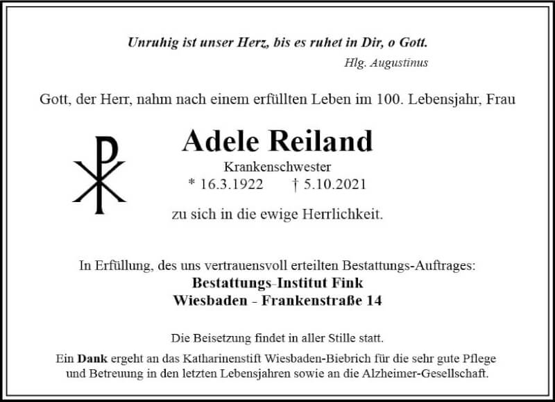  Traueranzeige für Adele Reiland vom 09.10.2021 aus vrm-trauer
