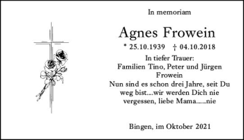 Traueranzeige von Agnes Frowein von vrm-trauer