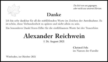 Traueranzeige von Alexander Reichwein von vrm-trauer