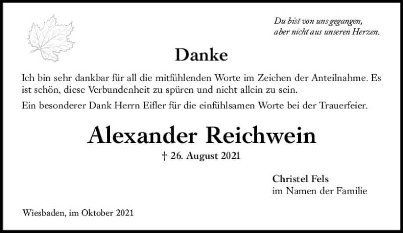  Traueranzeige für Alexander Reichwein vom 09.10.2021 aus vrm-trauer