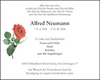 Traueranzeige von Alfred Neumann von vrm-trauer
