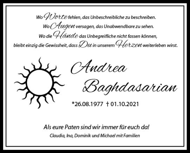  Traueranzeige für Andrea Baghdasarian vom 07.10.2021 aus vrm-trauer