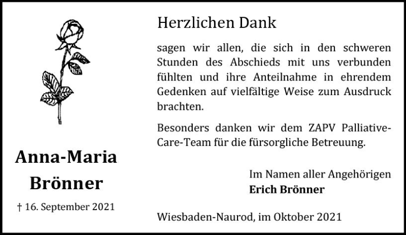  Traueranzeige für Anna-Maria Brönner vom 16.10.2021 aus vrm-trauer