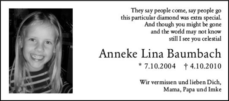  Traueranzeige für Anneke Lina Baumbach vom 04.10.2021 aus vrm-trauer