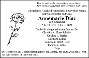Traueranzeige von Annemarie Diac von vrm-trauer