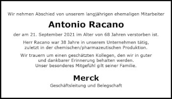 Traueranzeige von Antonio Racano von vrm-trauer