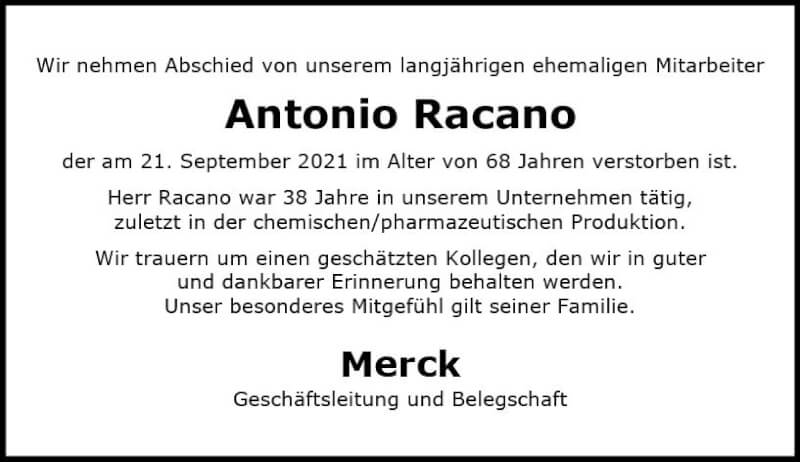  Traueranzeige für Antonio Racano vom 09.10.2021 aus vrm-trauer