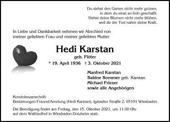 Traueranzeige von Hedi Karstan von VRM Tageszeitungen
