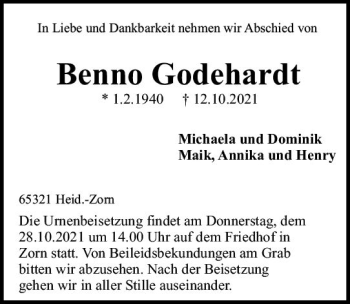 Traueranzeige von Benno Godehardt von vrm-trauer