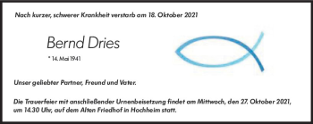 Traueranzeige von Bernd Dries von vrm-trauer
