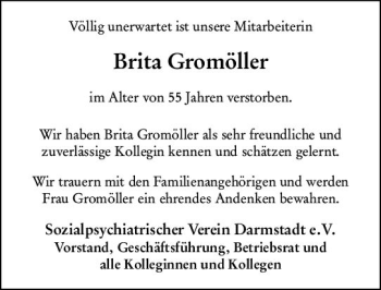 Traueranzeige von Brita Gromöller von vrm-trauer