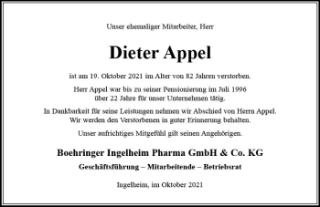 Traueranzeige von Dieter Appel von vrm-trauer
