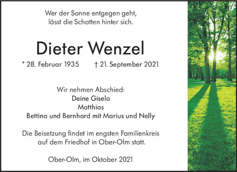  Traueranzeige für Dieter Wenzel vom 09.10.2021 aus vrm-trauer