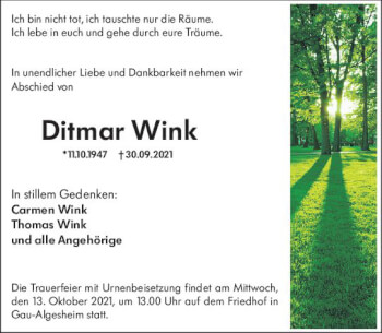 Traueranzeige von Ditmar Wink von vrm-trauer