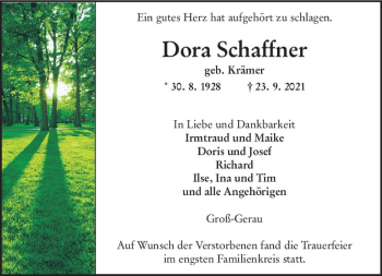 Traueranzeige von Dora Schaffner von vrm-trauer