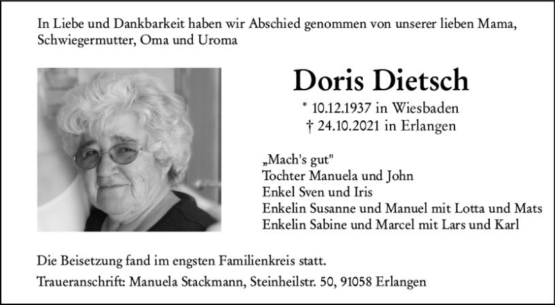  Traueranzeige für Doris Dietsch vom 30.10.2021 aus vrm-trauer