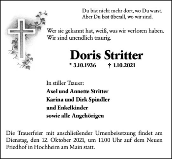 Traueranzeige von Doris Stritter von vrm-trauer