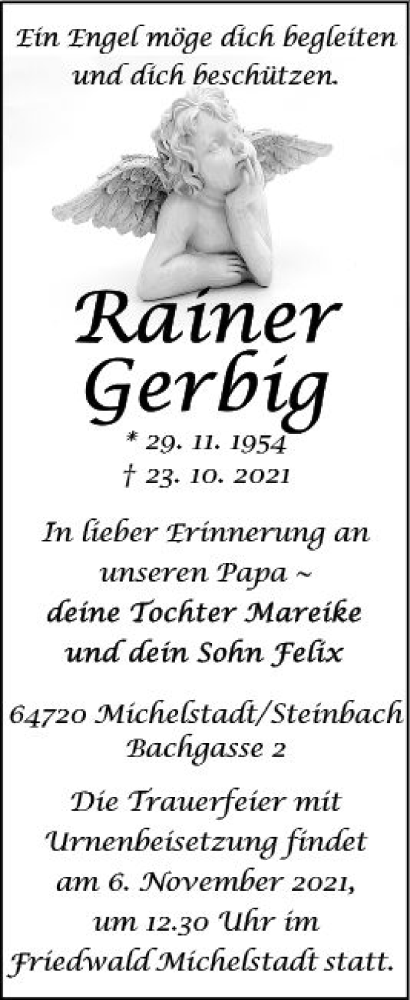  Traueranzeige für Rainer Gerbig vom 30.10.2021 aus vrm-trauer