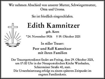 Traueranzeige von Edith Kamnitzer von vrm-trauer