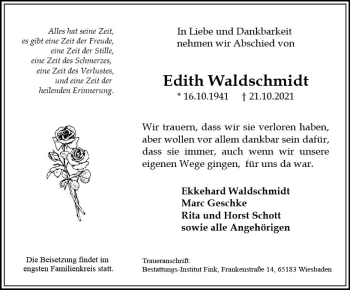 Traueranzeige von Edith Waldschmidt von vrm-trauer