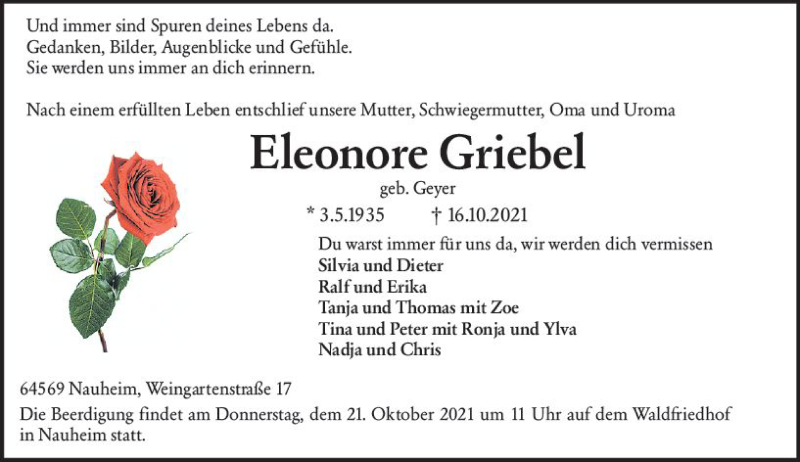  Traueranzeige für Eleonore Griebel vom 19.10.2021 aus vrm-trauer