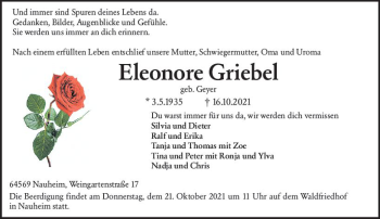 Traueranzeige von Eleonore Griebel von vrm-trauer
