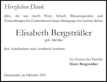 Traueranzeige von Elisabeth Bergsträßer von vrm-trauer
