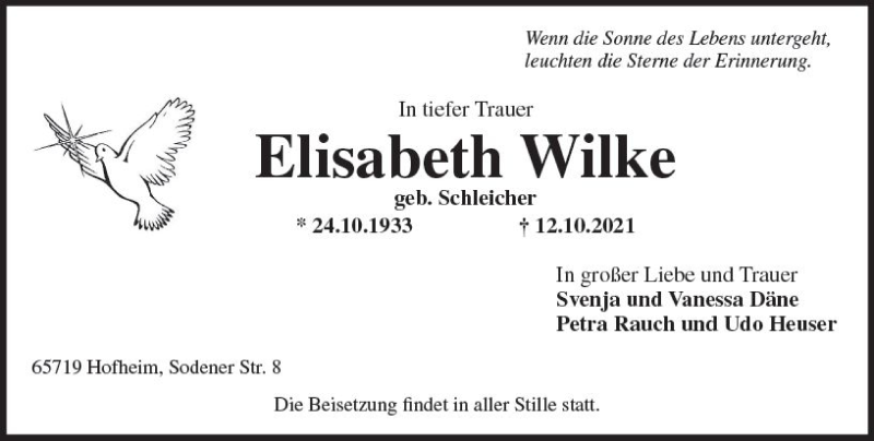  Traueranzeige für Elisabeth Wilke vom 15.10.2021 aus vrm-trauer
