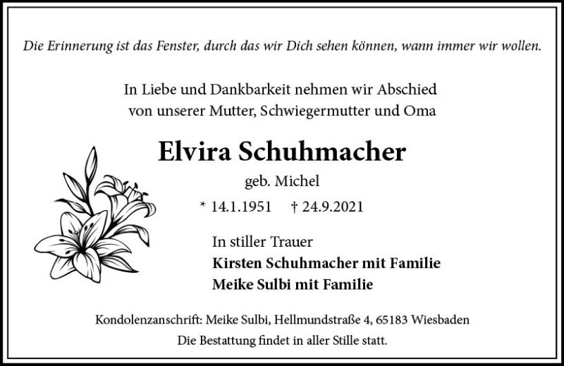  Traueranzeige für Elvira Schuhmacher vom 02.10.2021 aus vrm-trauer