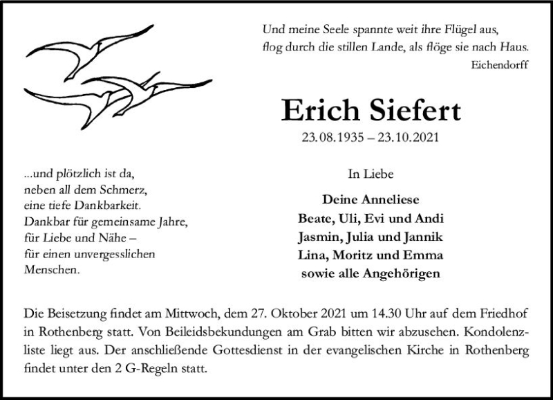  Traueranzeige für Erich Siefert vom 26.10.2021 aus vrm-trauer