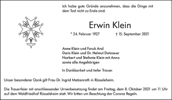 Traueranzeige von Erwin Klein von vrm-trauer