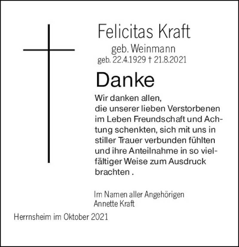  Traueranzeige für Felicitas Kraft vom 09.10.2021 aus vrm-trauer