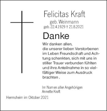 Traueranzeige von Felicitas Kraft von vrm-trauer
