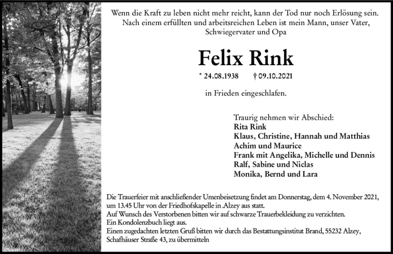  Traueranzeige für Felix Rink vom 30.10.2021 aus vrm-trauer