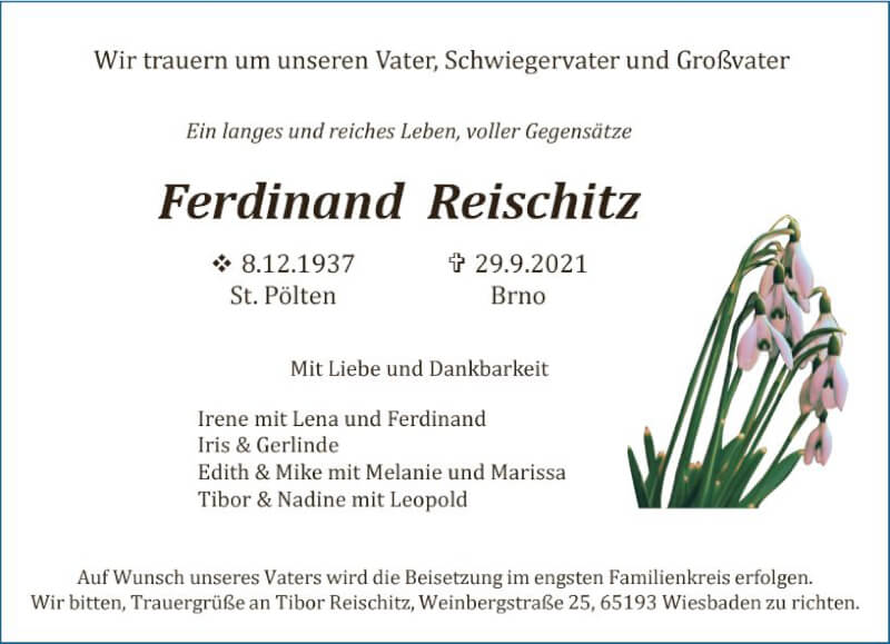  Traueranzeige für Ferdinand Reischitz vom 23.10.2021 aus vrm-trauer