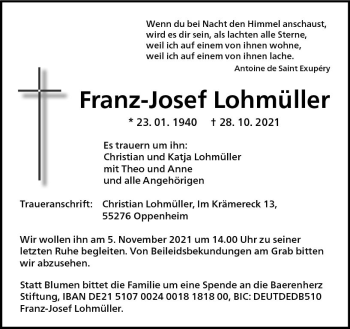 Traueranzeige von Franz-Josef Lohmüller von vrm-trauer