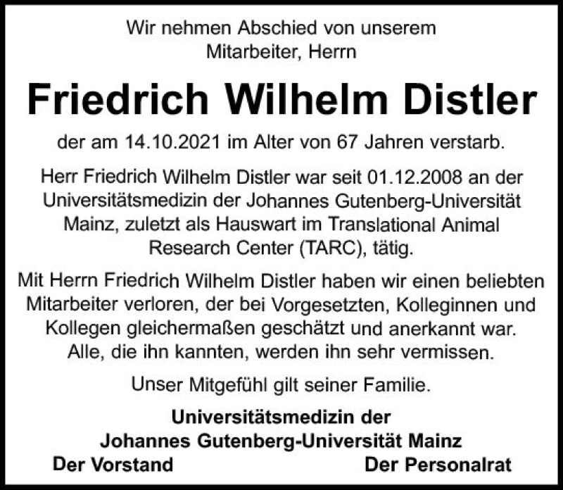  Traueranzeige für Friedrich Wilhelm Distler vom 30.10.2021 aus vrm-trauer
