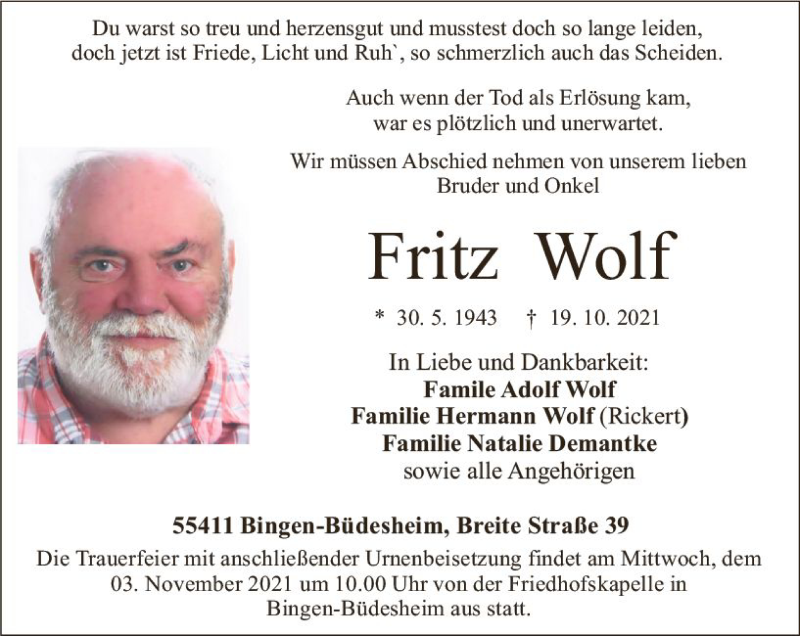  Traueranzeige für Fritz Wolf vom 30.10.2021 aus vrm-trauer